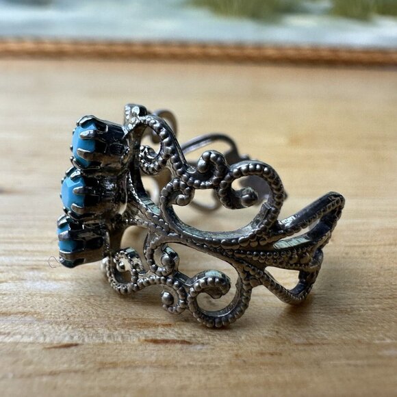 VTG Faux Turquoise Ring Silver Tone Ornate Adjustable Chunky Southwest 7.5 Adj - Picture 5 of 6